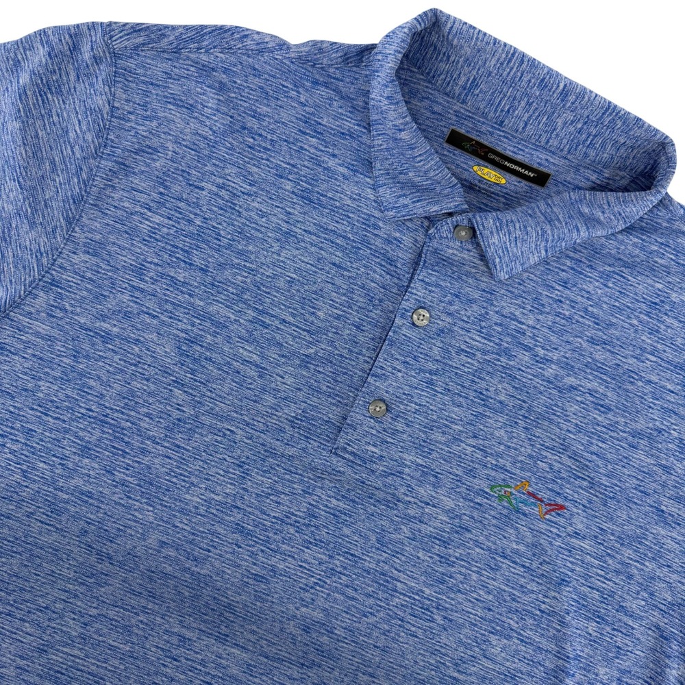 Greg Norman Mens XL Golf Polo Blue Heathered Play Dry Shark Logo Short Sleeve